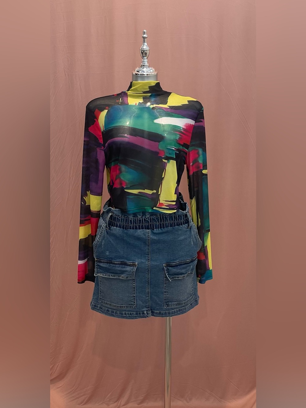 SHEIN Abstract Multi-Color Mock Neck Long Sleeve Top